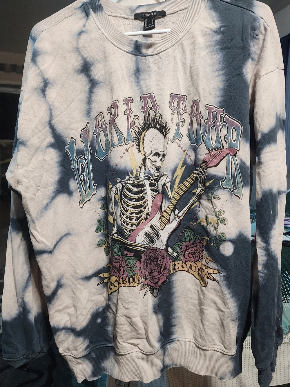 Forever 21 Tie-Dye Graphic Crewneck Sweater - Blue and White Sz Lrg